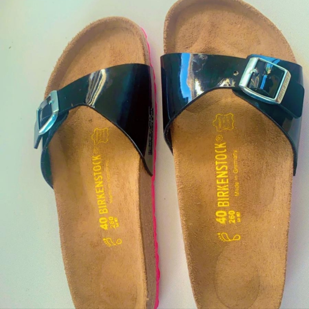 Birkenstock Pink and Black Sandals with Glossy Strap